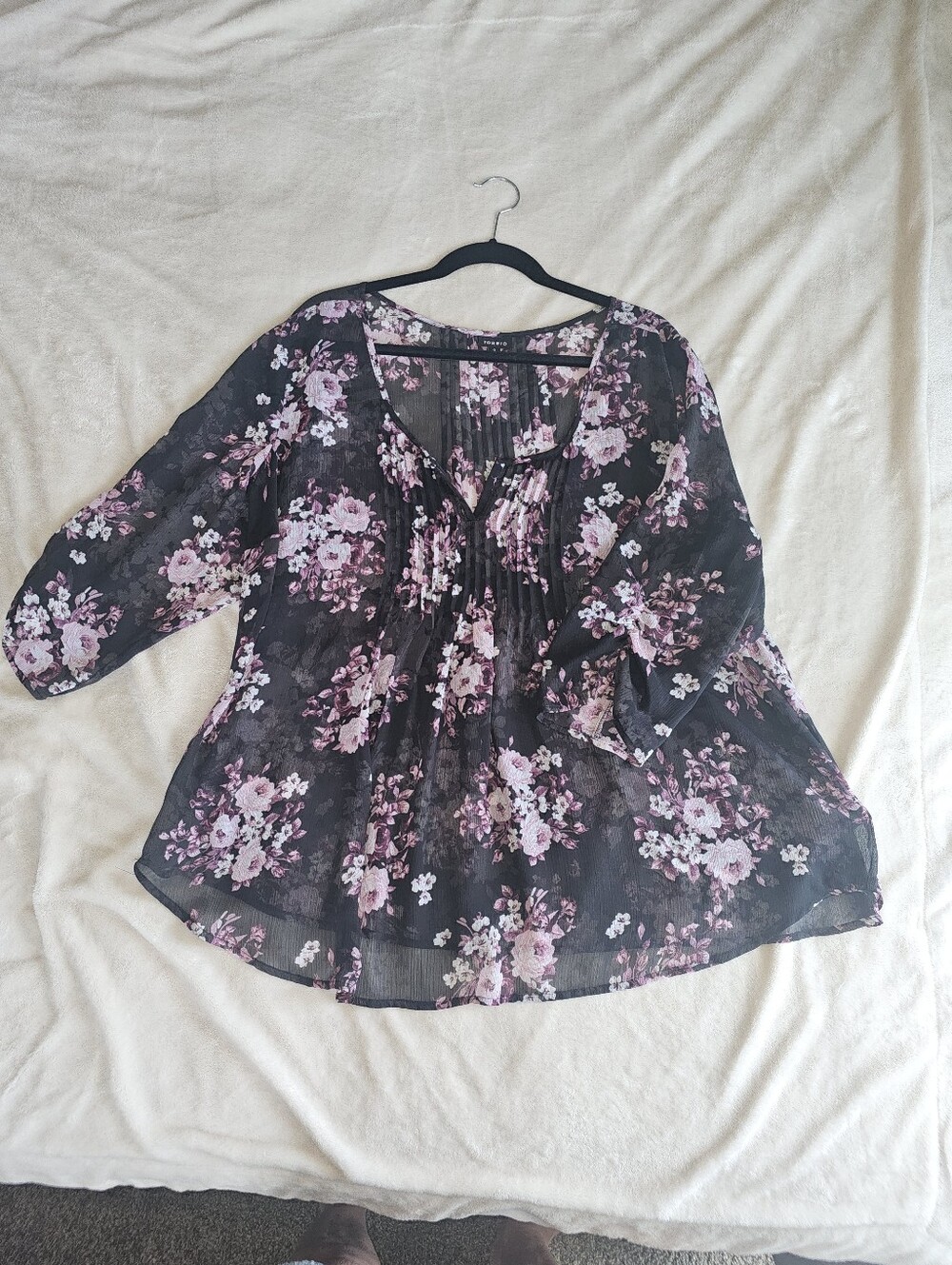 torrid Black Floral Peasant Tunic with Pink Blossoms